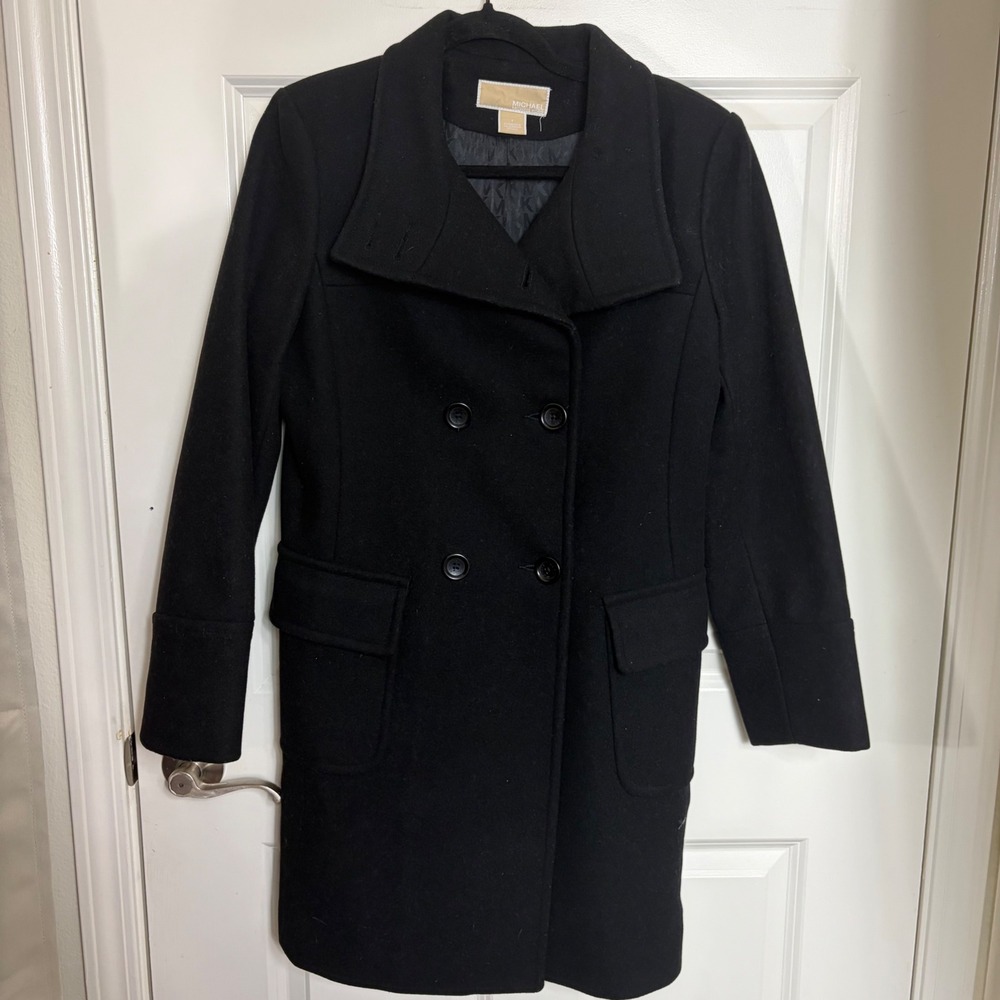 Michael Michael Kors Black 100% Wool Double Breasted Pea Coat Jacket Size 4